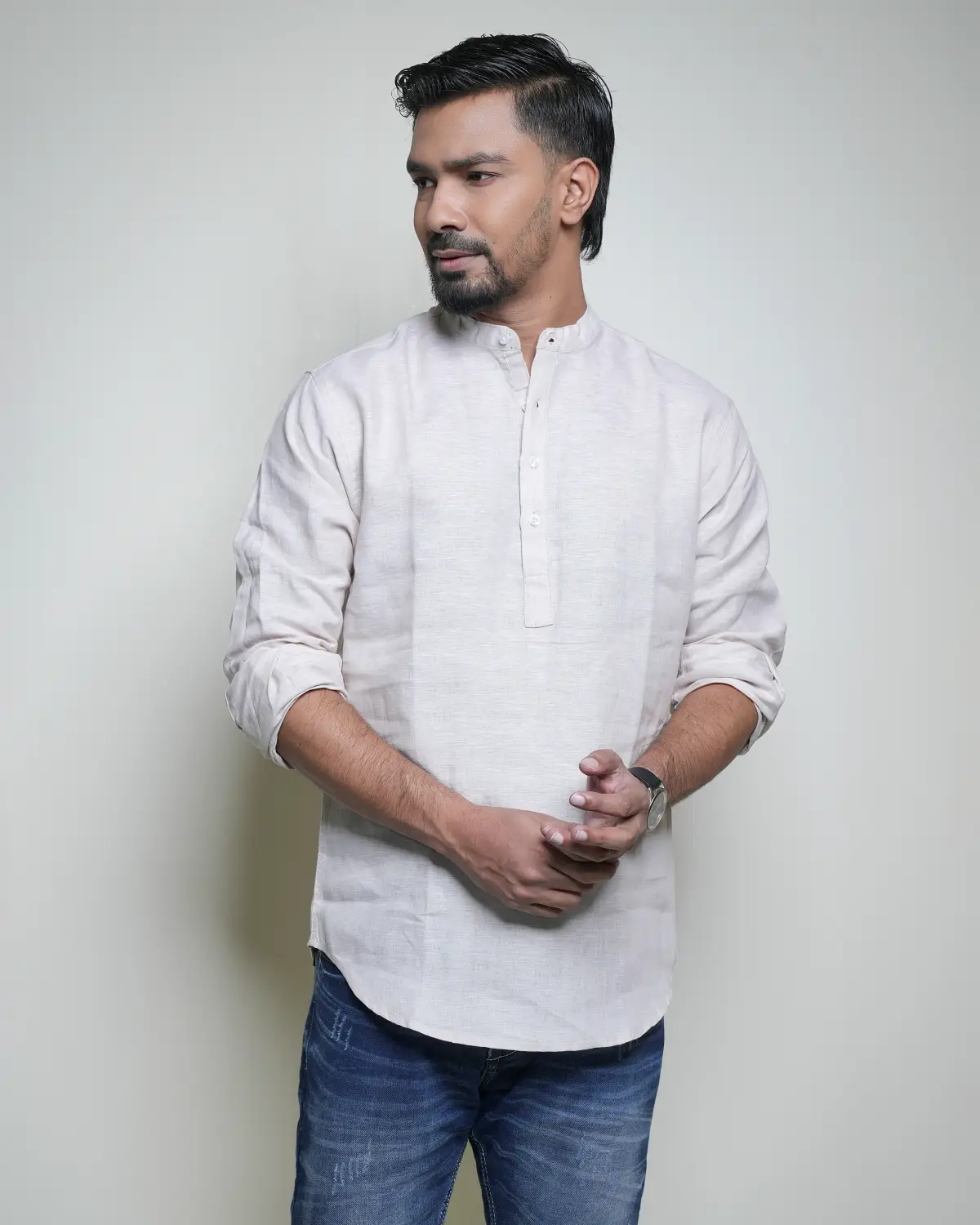 Men’s Band Collar Shirt Creem