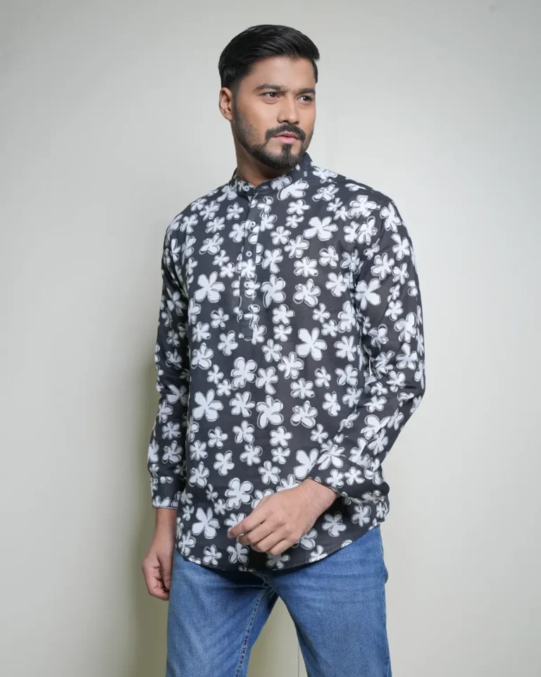 Men’s Band Collar Shirt Flower Print