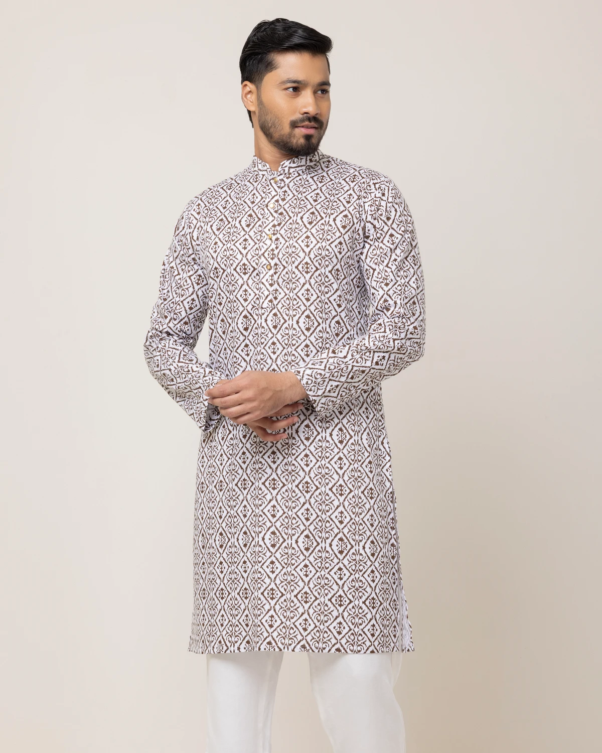 Men's White Brown Print Panjabi