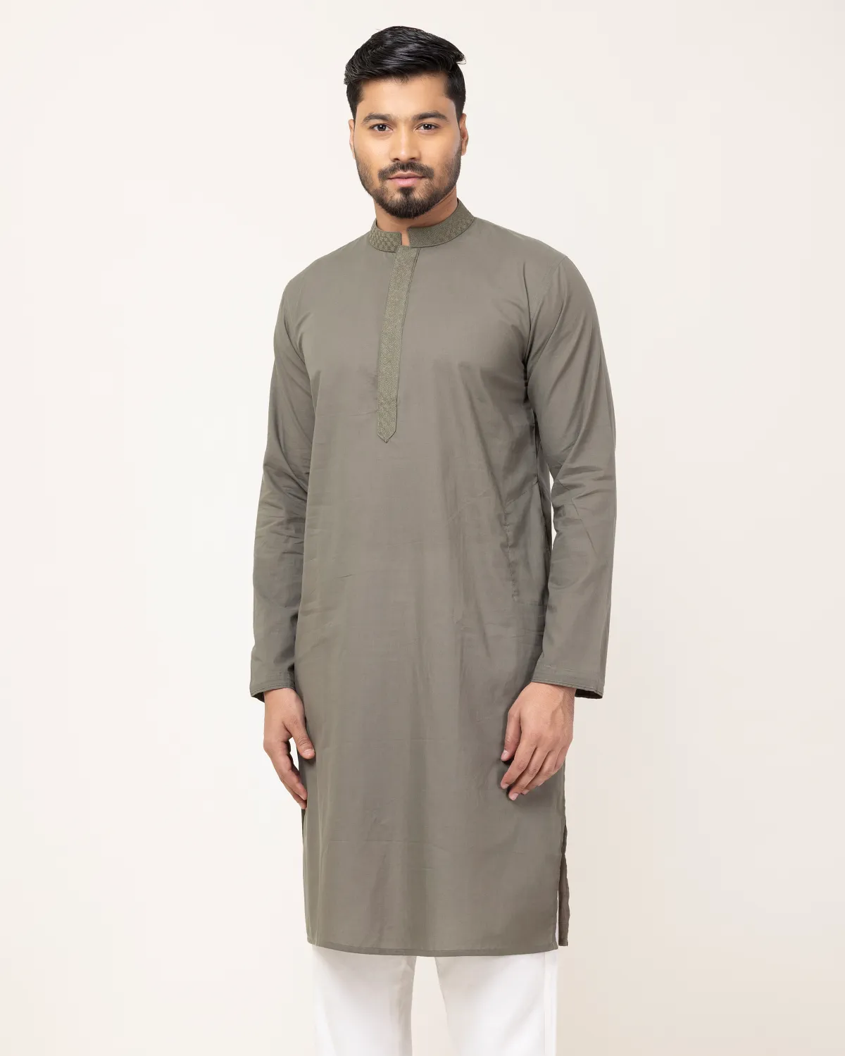 Olive Contrast Embroidery Panjabi
