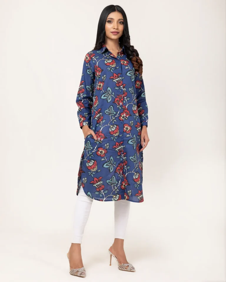 Ladies Kurti Gray Navy Print